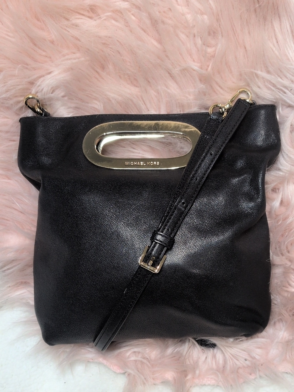 Michael Kors Black Leather Crossbody with Gold Accent Handle